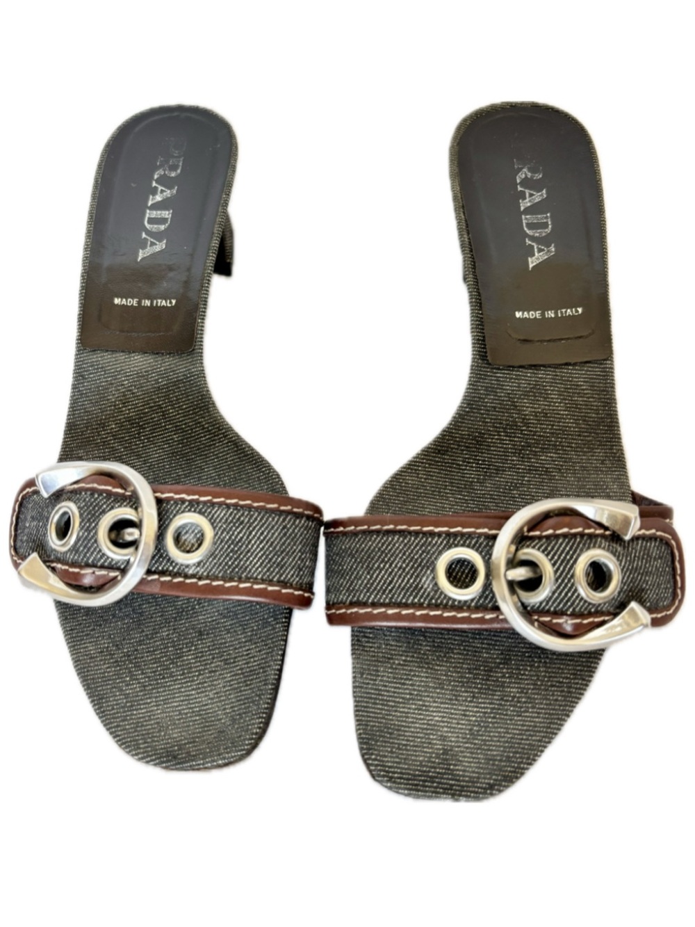 PRADA VINTAGE Silver Buckle Dark Blue Denim Leather Slide Sandals IT Size 38 1/2